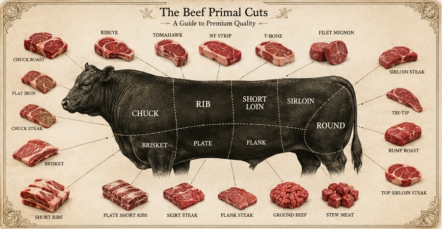 Diagram of the beef primal cuts on a side of beef — Chuck, Rib, Short Loin, Sirloin, Round, Brisket, Plate, Flank and Shank — with the retail cuts each one yields