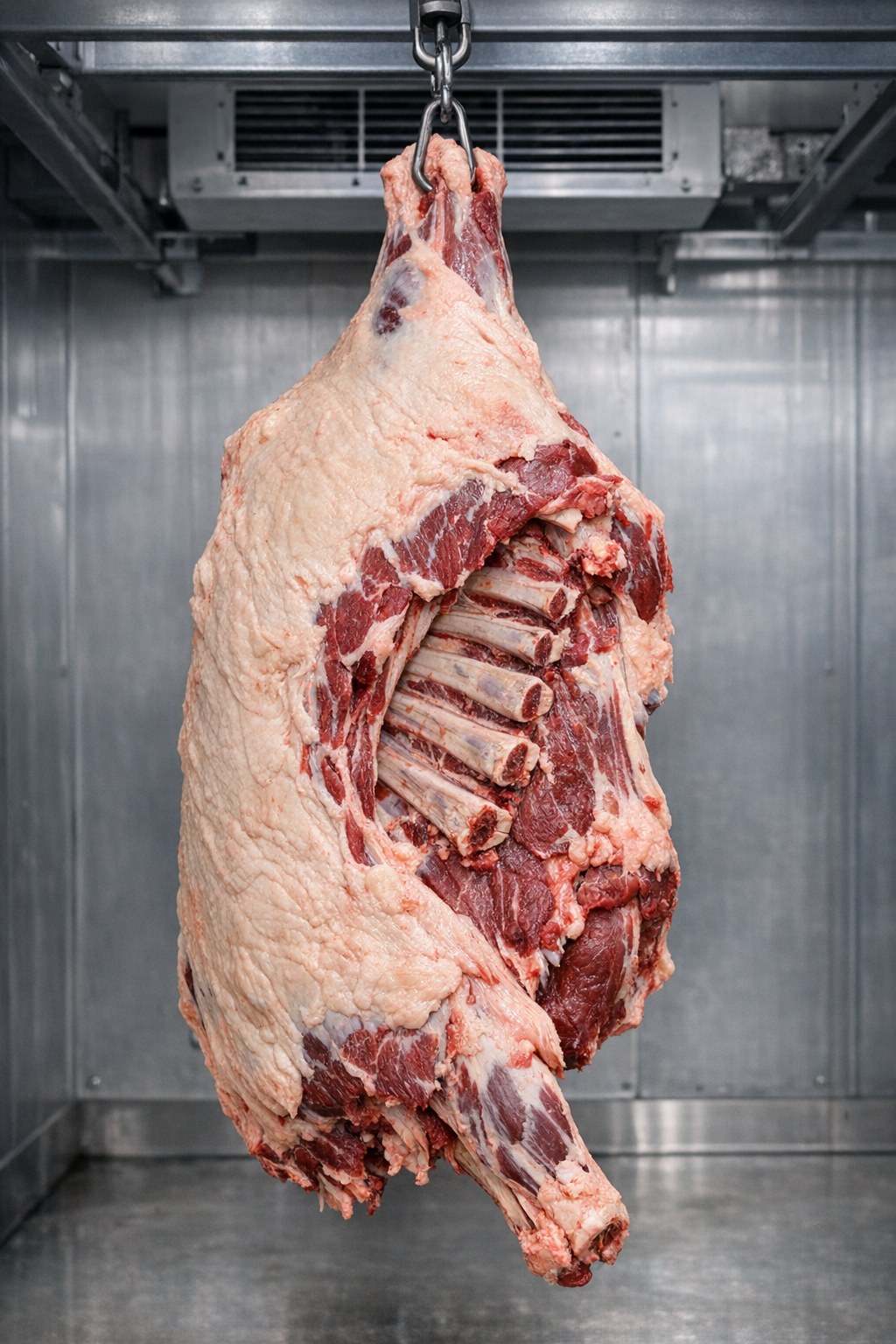 Front quarter beef carcass hanging in cooler, grain-finished