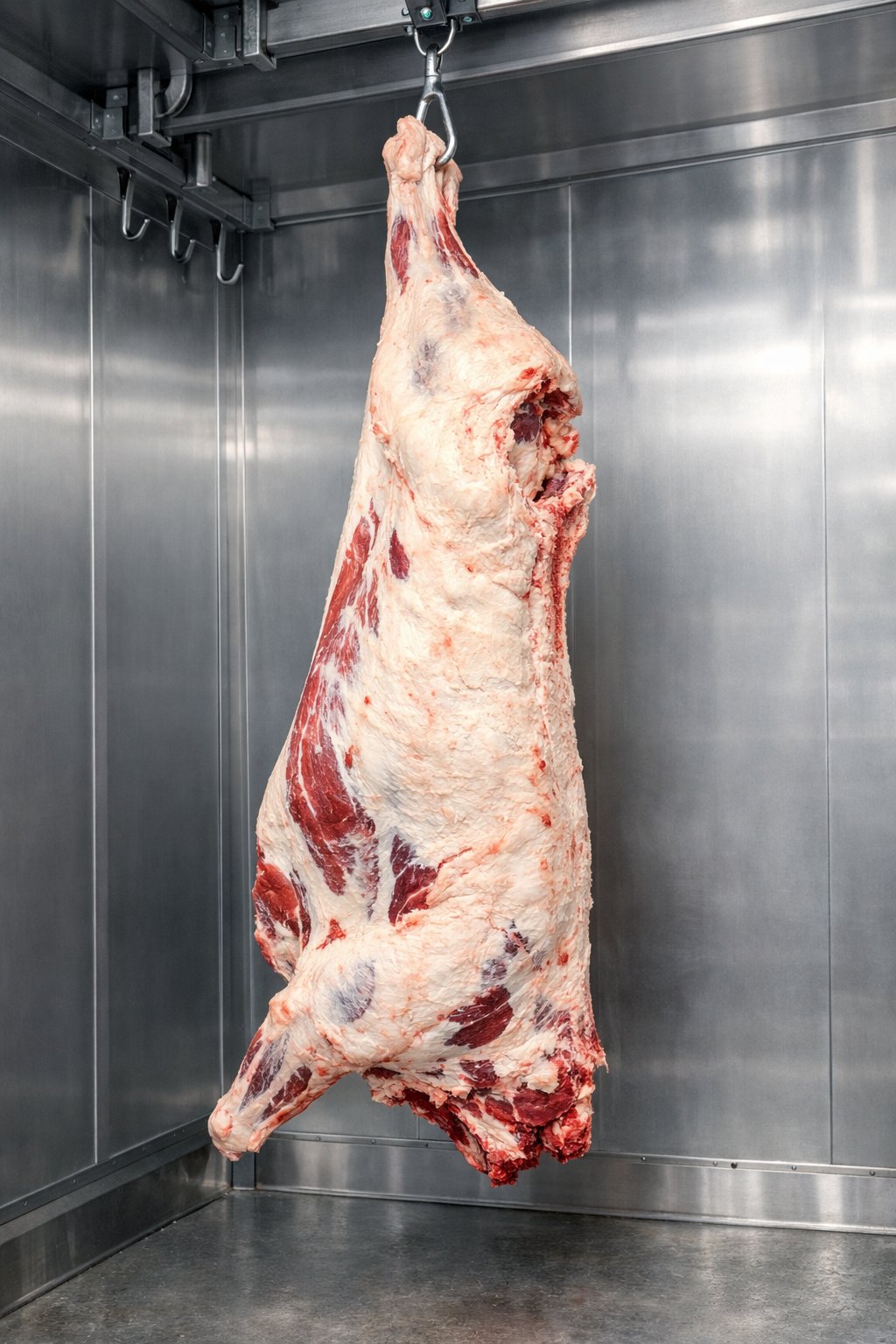 Half beef carcass hanging in cooler, grain-finished