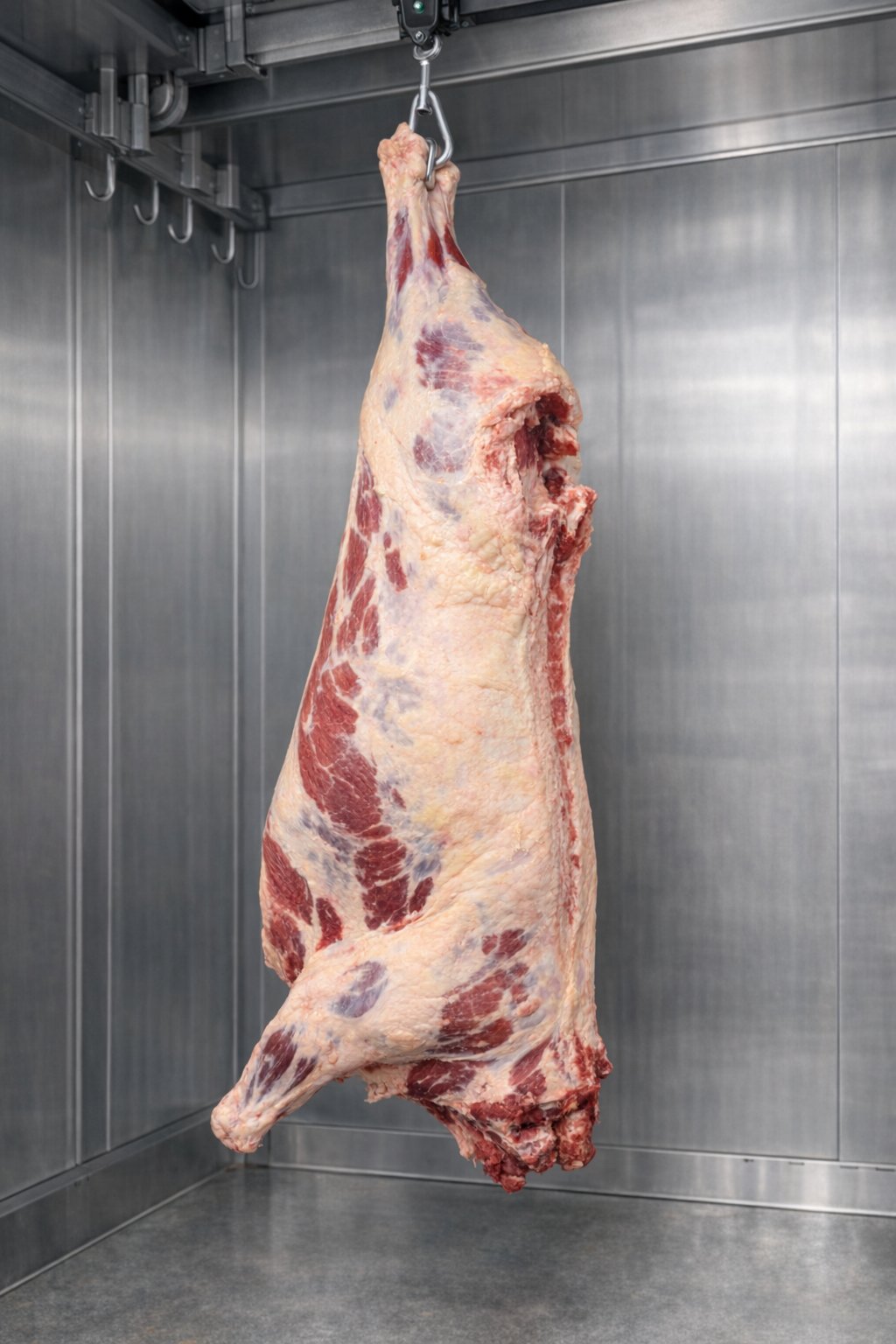 Half beef carcass hanging in cooler, grass-finished