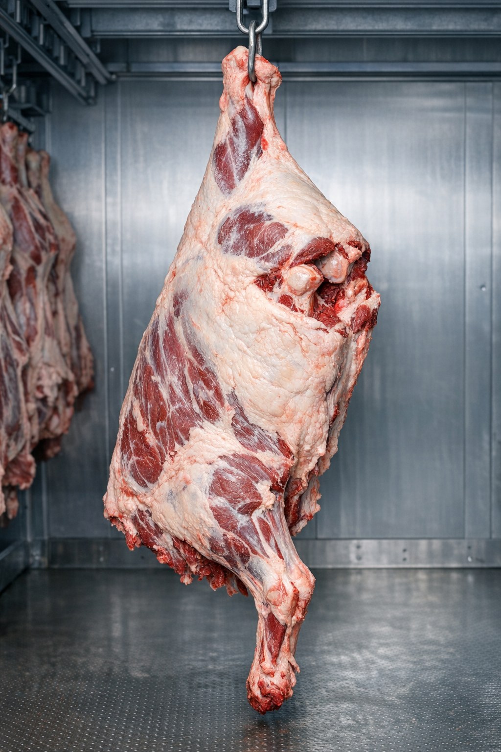Hindquarter beef carcass hanging in cooler, grain-finished