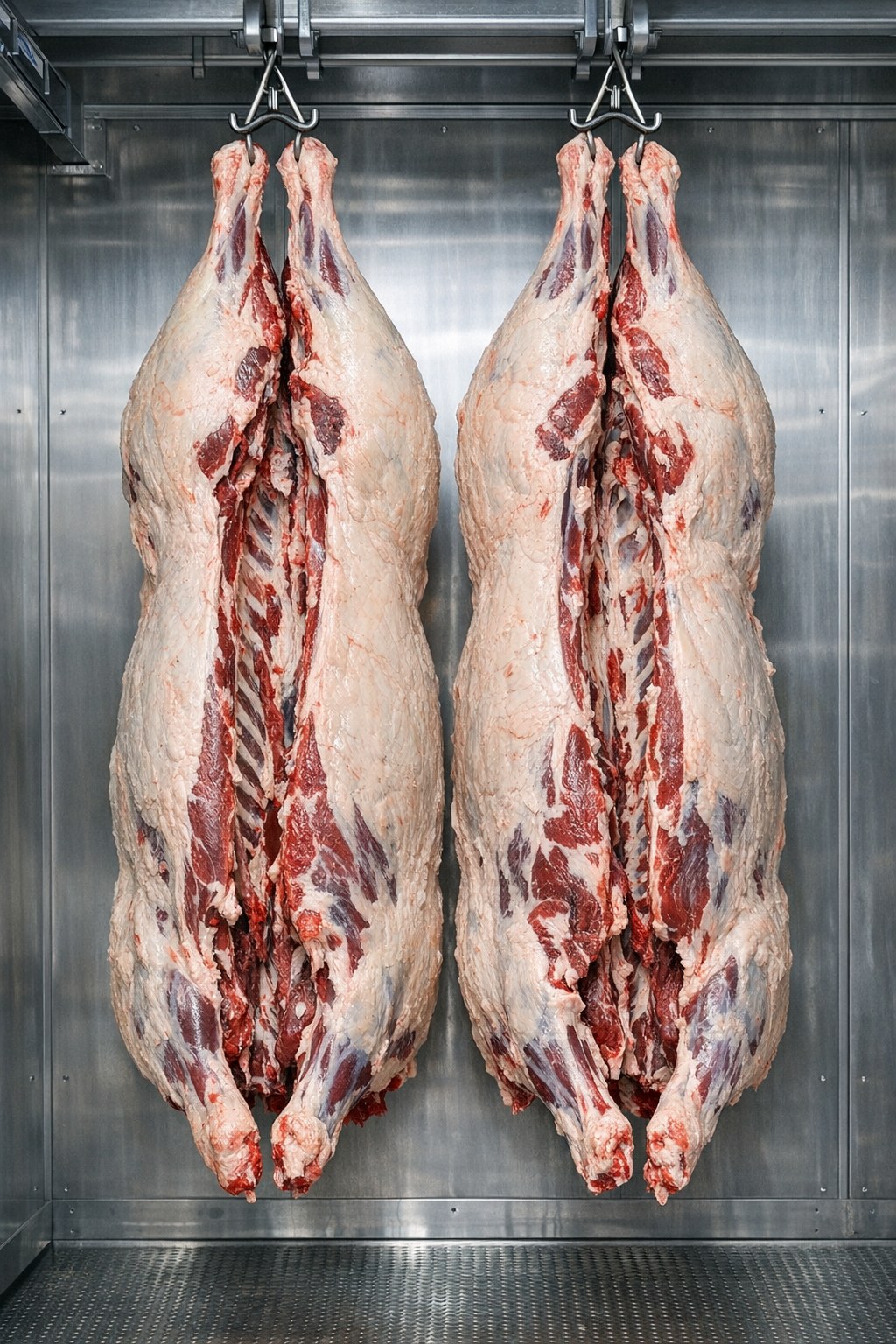 Whole beef carcass (both sides) hanging in cooler, grain-finished