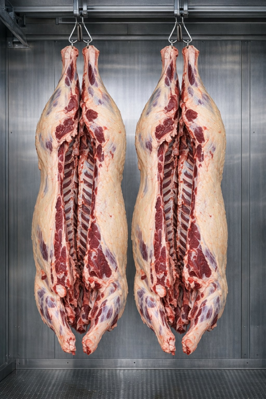 Whole beef carcass (both sides) hanging in cooler, grass-finished